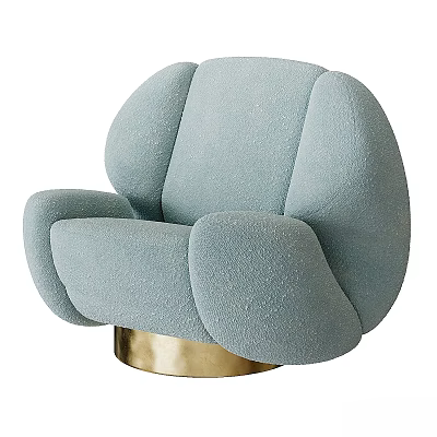 Light Blue Plush Leisure Chair With Rounded Design And Gold Metal Base 3d model
