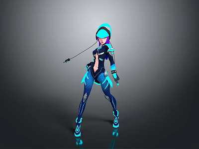 Blue Black Cyberpunk Female Character With Tech Gear And Futuristic Outfit Design 3d model