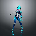 Blue Black Cyberpunk Female Character With Tech Gear And Futuristic Outfit Design