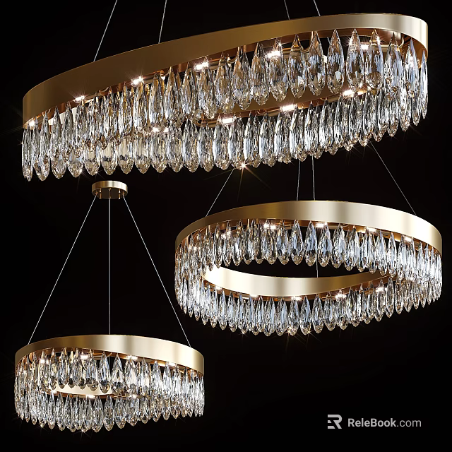 Elegant Crystal Chandeliers with Golden Circular Frames Modern Luxurious Hanging Design 3d model