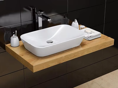 White Washbasin on Wooden Countertop with Faucet Small Bottles and Towel Against Black Tiled Wall 3d model