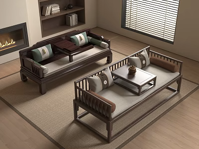 Modern Chinese Daybed Interior With Wooden Frame Cushions And Coffee Table 3d model