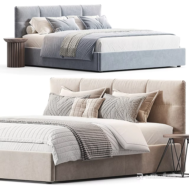 Double Bed with Grey Beige Upholstered Headboard Soft Bedding Patterned Pillows Striped Checkered Textures Nightstands 3d model