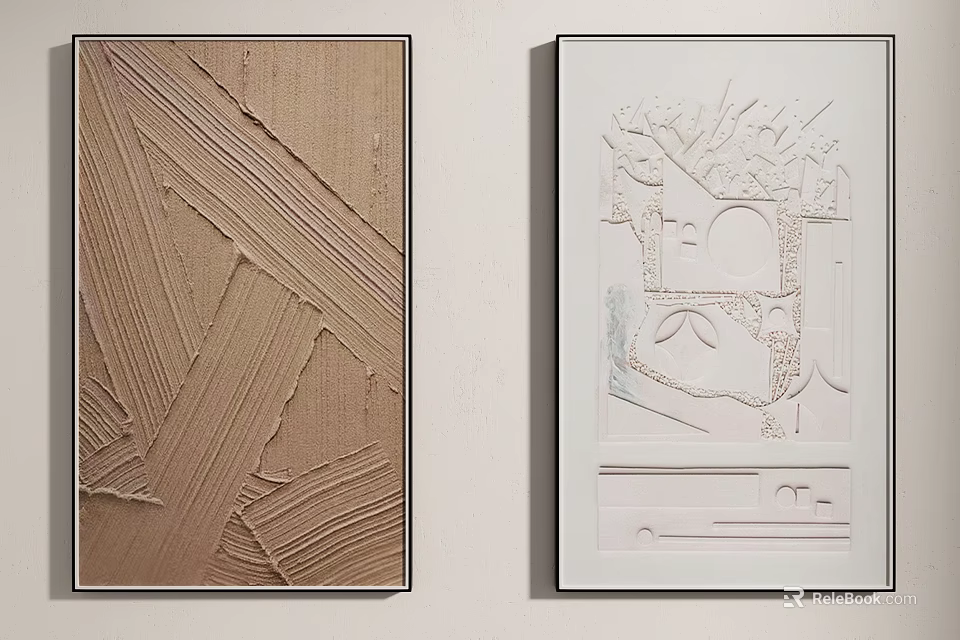 Wall Mounted Abstract Paintings With Brown Textured And White Geometric Designs 3d model 