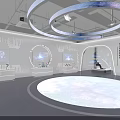 Futuristic Exhibition Hall With Circular LED Lights Starry Floor And Digital Screens