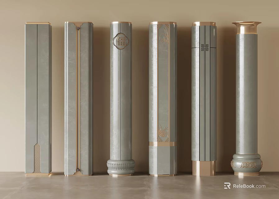Various Decorative Columns in Gray Gold Tones with Intricate Patterns for Interior Architectural Design 3d model 