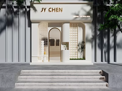 JY CHEN Storefront Design With White Exterior Stone Steps Glass Decorations And Clothing Display Plants 3d model