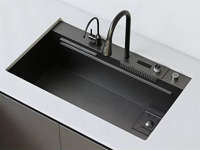 Modern Black Kitchen Sink With Faucet Control Knobs And White Countertop 3d model