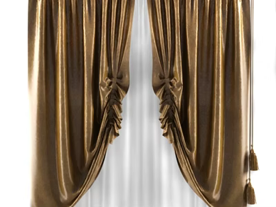 Elegant Golden Velvet Curtains With Pleated Design Draped On White Background 3d model