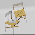 Modern Dining Chairs With Wooden Seats Metal Backrests Crossed Legs And A Book On Top