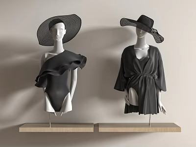 Mannequins Modeling Black Ruffled Swimsuit And Kimono Top With Wide Brimmed Hats On Wooden Bases 3d model