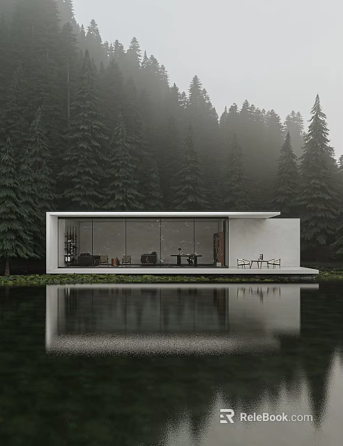 Modern Detached Villa With Large Glass Windows By Forest And Lake Waterfront 3d model 