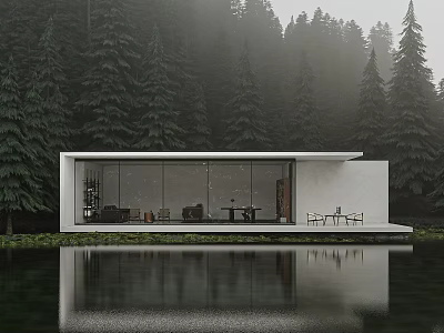 Modern Detached Villa With Large Glass Windows By Forest And Lake Waterfront 3d model