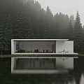 Modern Detached Villa With Large Glass Windows By Forest And Lake Waterfront