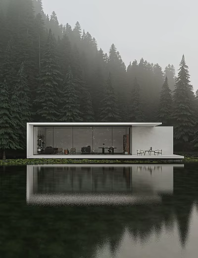 Modern Detached Villa With Large Glass Windows By Forest And Lake Waterfront 3d model