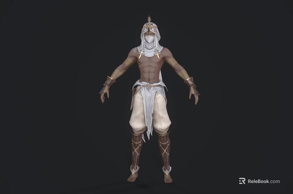 Shirtless Mythical Man With Ornate Headpiece Decorative Sash Light Pants And Leg Armor 3d model 