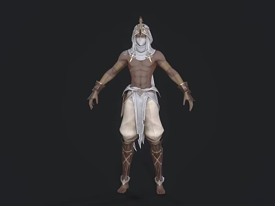 Shirtless Mythical Man With Ornate Headpiece Decorative Sash Light Pants And Leg Armor 3d model