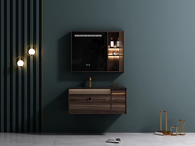 Modern Luxury Bathroom Vanity Cabinet With Wooden Design Mirror And Wall Sconces 3d model
