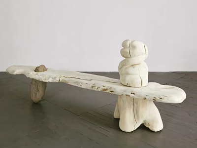 Long Wooden Bar Counter With White Sculpture Root Shaped Legs White Wall Dark Wood Floor 3d model