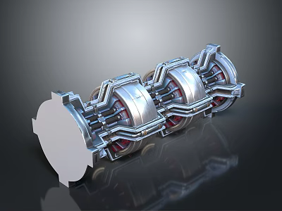 Mechanical Device 3D Model Featuring Silver Metal Cylindrical Components Red Details And Reflective Surface 3d model