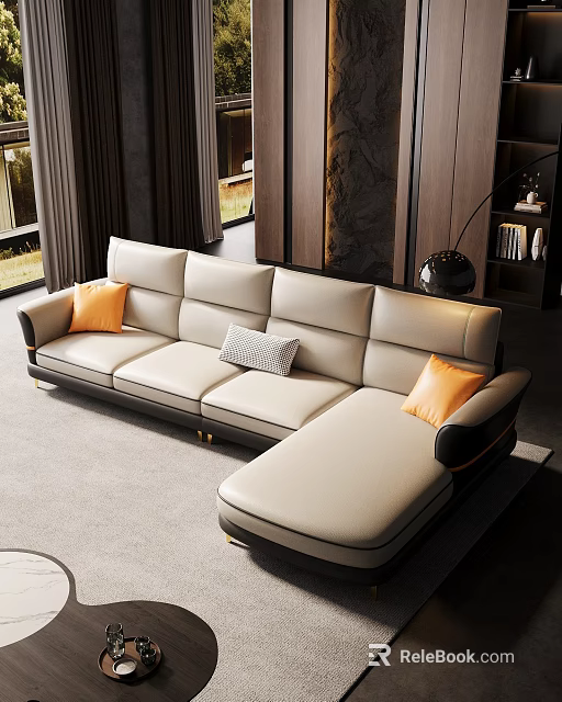 Modern Light Luxury Living Room With L Shaped Leather Sectional Sofa And Soft Decorative Pillows 3d model 