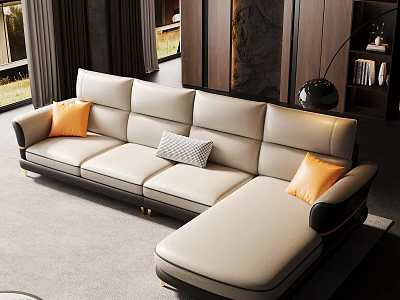 Modern Light Luxury Living Room With L Shaped Leather Sectional Sofa And Soft Decorative Pillows 3d model