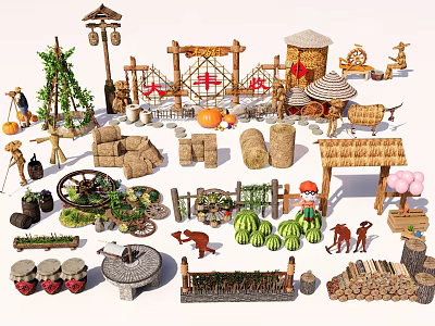 New Chinese Style Country Sketches Farming Sketches Fence Straw Stone Mill Wood Pavilion Vines Straw Pile Scarecrow 3d model
