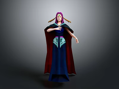 Anime Character With Purple Hair Blue Robe Red Cape And Green Chest Decoration 3d model