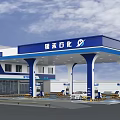 Modern Gas Station Exterior With Blue Canopy White Pillars And Fuel Pumps