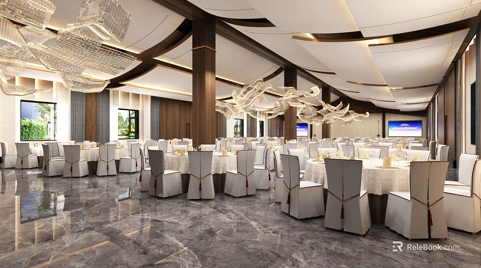 Elegant Modern Banquet Hall Interior With Round Tables White Chairs And Crystal Chandeliers 3d model 