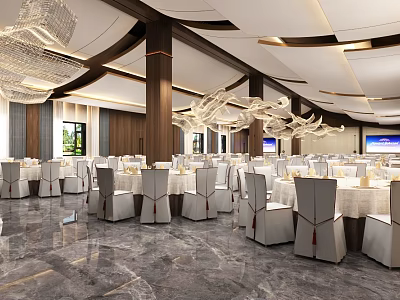 Elegant Modern Banquet Hall Interior With Round Tables White Chairs And Crystal Chandeliers 3d model