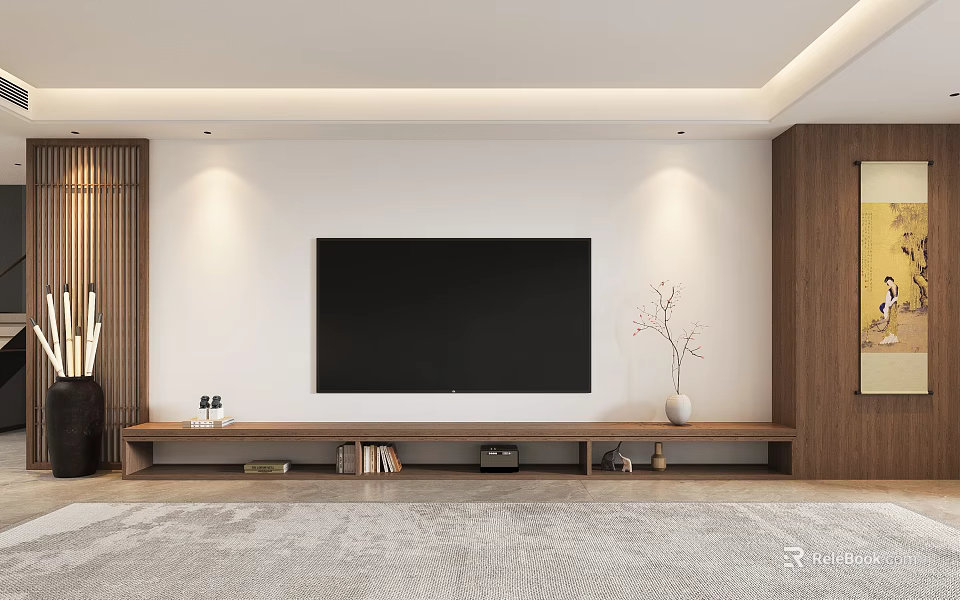 Modern Living Room Interior Design With Large TV Wall Wooden Stand And Area Rug 3d model 