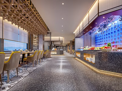 Elegant Modern Restaurant Interior With Ambient Lighting Yellow Accent Chairs Buffet Counter And Fresh Fruits 3d model
