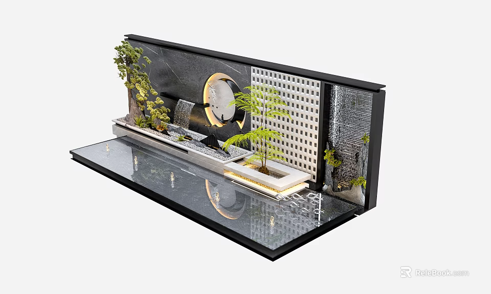 Modern Feature Wall Design With Green Plants Circular Decor And Water Feature 3d model