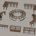 Multiple Wooden Pergola Structures with Circular Curved and Straight Designs 3d model