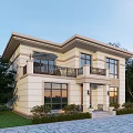 Modern Detached Villa With Two Story Structure Balcony Large Windows And Garden Greenery