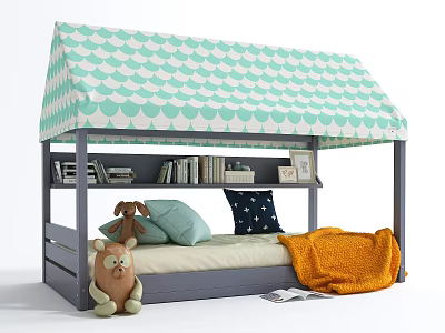 Kids Bed With Blue White Scallop Canopy Wooden Shelves Books Stuffed Toys Pillows Orange Blanket 3d model