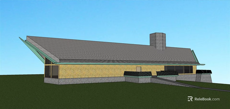 Detached House Featuring Gray Roof Yellow Exterior Stone Base Chimney And Green Lawn 3d model 