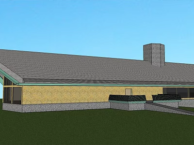 Detached House Featuring Gray Roof Yellow Exterior Stone Base Chimney And Green Lawn 3d model