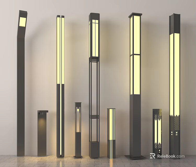 Outdoor Lights with Various Columnar Designs Black Frames and Long Luminous Strips in Different Heights 3d model
