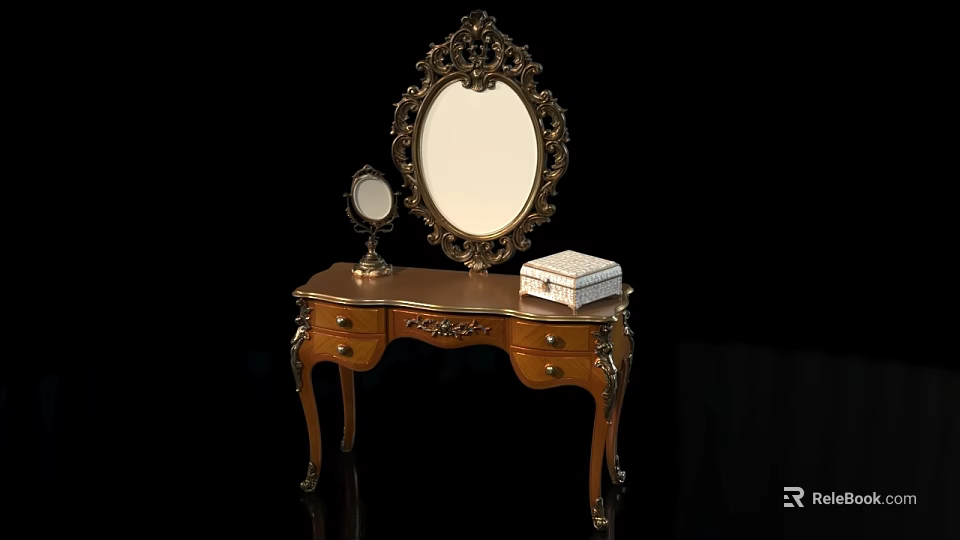 Vintage Golden Vanity Table With Carved Mirror Box And Cosmetics Perfume 3d model 
