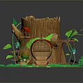 Modern Tree Stump House With Lush Green Grass Red Roof Vines And Wooden Stairs