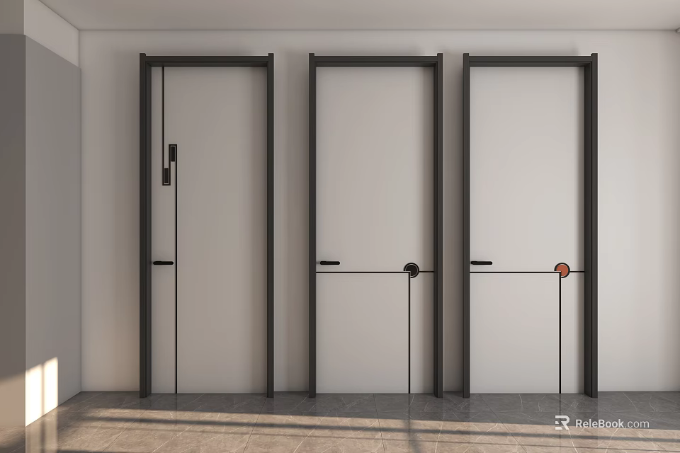 Three Modern Hinged Doors With White Panels Black Frames And Stylish Handles 3d model