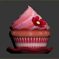 Decorative Pink Cupcake With Pink Frosting Red Flower And Striped Tray Design