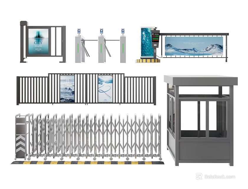 Different Kinds of Public Facilities Including Access Control Gates Security Barriers Booths Fences and Billboards 3d model 