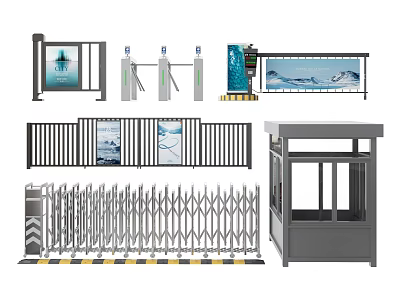 Different Kinds of Public Facilities Including Access Control Gates Security Barriers Booths Fences and Billboards 3d model