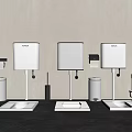 Three White Toilets With Water Tanks Trash Cans And Toilet Brushes In Gray Wall Bathroom