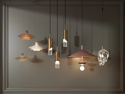 Modern Diverse Style Pendant Lights Hanging On Gray Wall With Unique Shapes 3d model