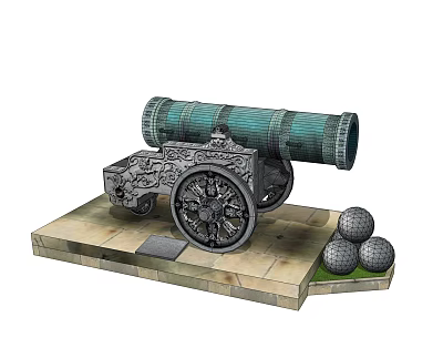 Ancient Decorative Cannon Weapon With Intricate Carvings Black Wheels On Stone Platform And Cannonballs 3d model