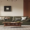 Charming Retro Living Room Interior With Comfortable Dark Green Leather Sofa And Warm Wooden Furnishings